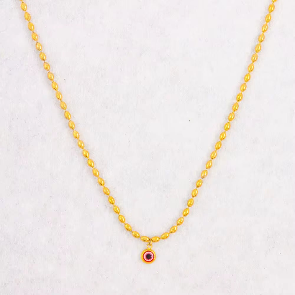 Wholesale Custom Stainless Steel Jewelry 18K PVD Gold Plated Oval Rice Bead Eyes Pendant Necklace for Women My Store