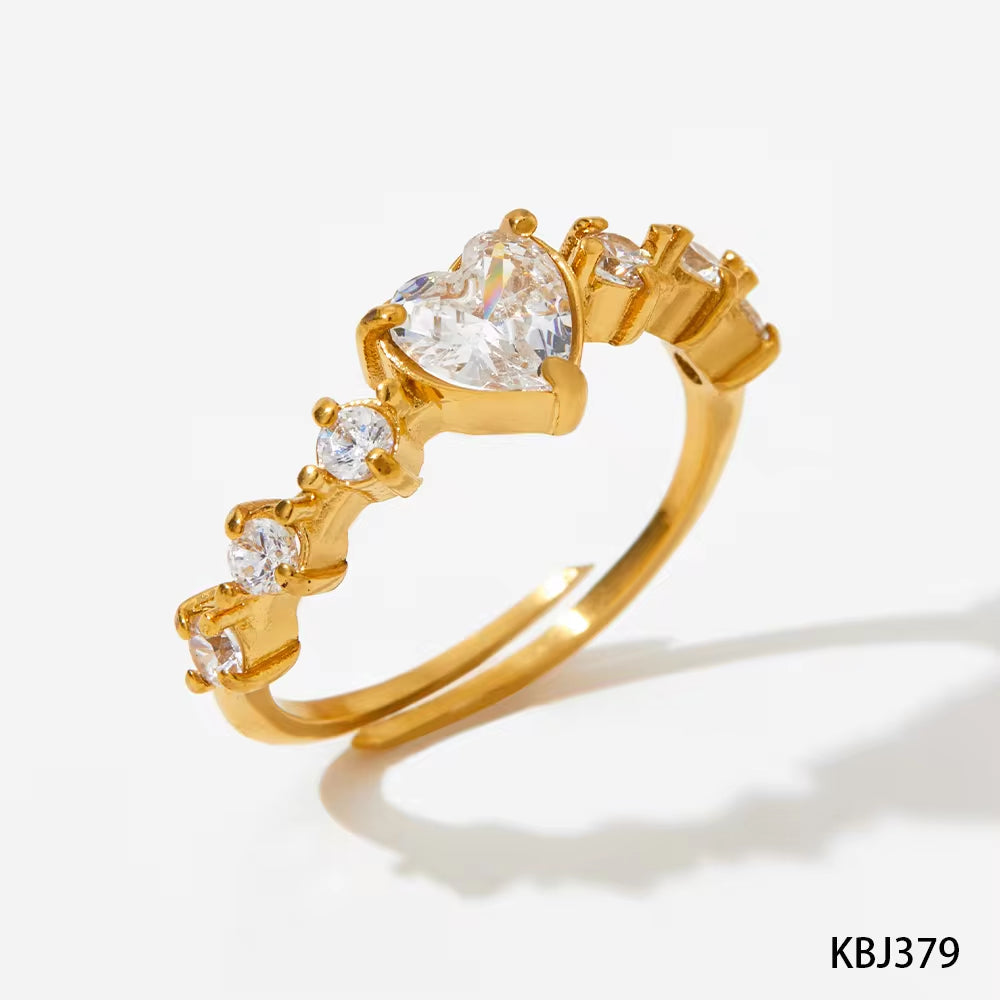 Gold Plated Adjustable Crystal Heart Shape Zircon Inlay Ring Tarnish Free Stainless Steel Diamond Wedding Rings My Store