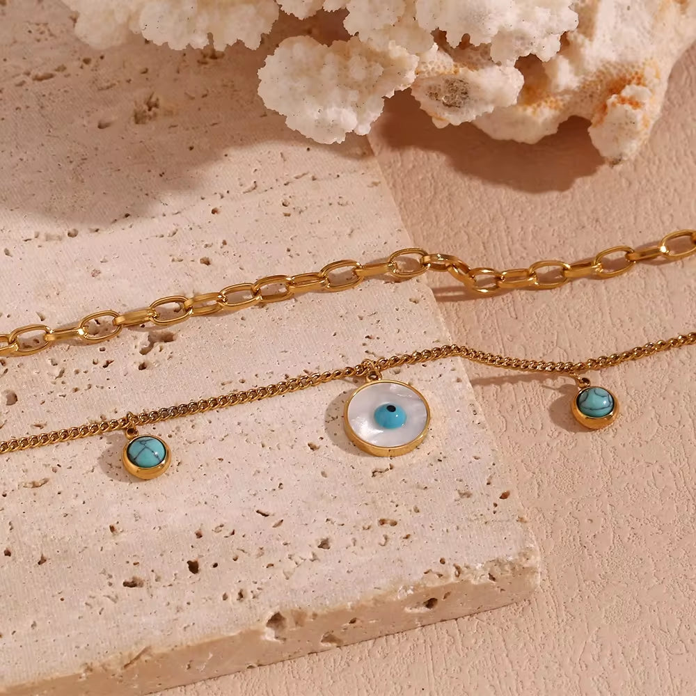 Turquoise Evil Eye Charm Necklace Double Layer Chain Necklace Gold Plated Stainless Steel Jewelry My Store