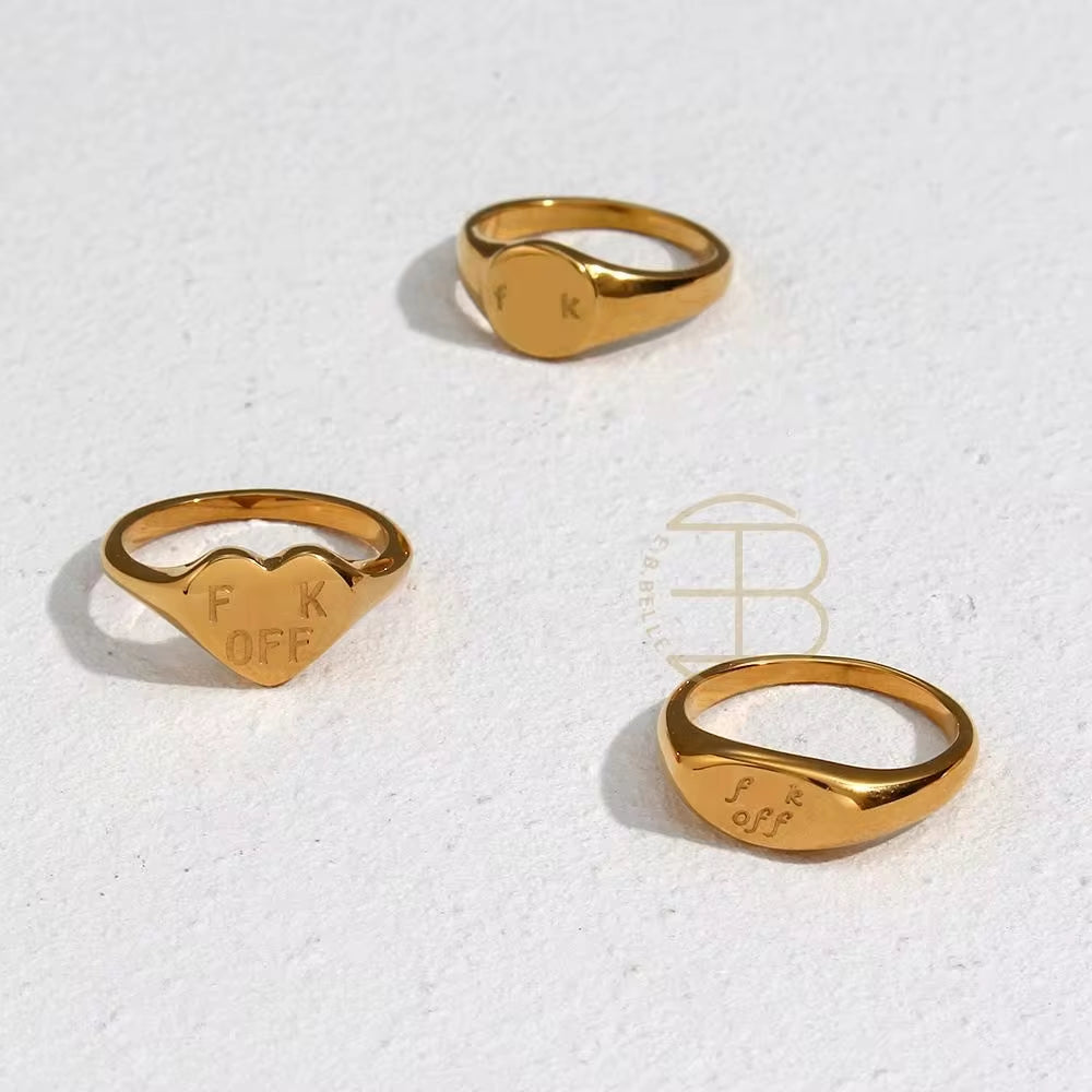New Trendy Heart Oval Shape Titanium 18K Gold Plated Personalized Letter FK off Signet Ring My Store