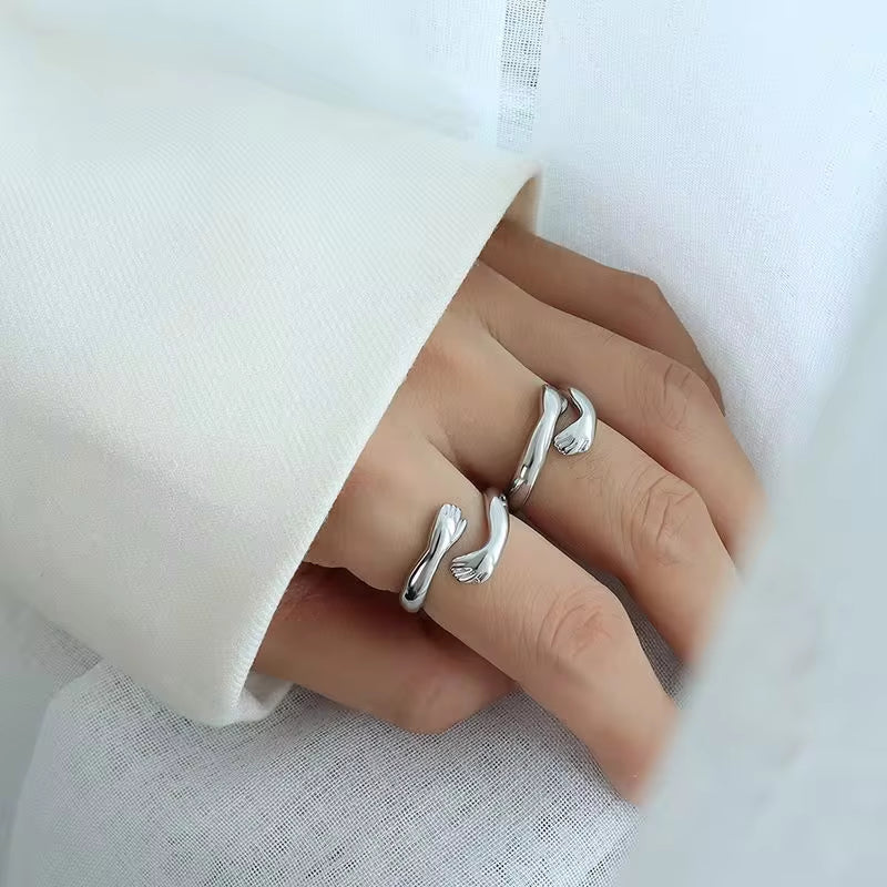 18K Gold Plated Cute Hand Hug Stainless Steel Embrace Hug Finger Open Ring Women My Store