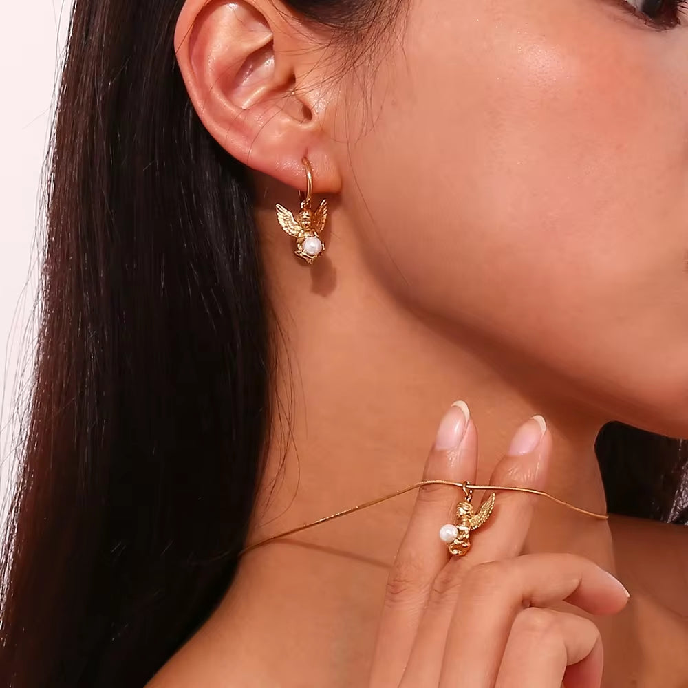 Vintage Pearl Angel Pendant Necklace and Earring Set Gold Plated Stainless Steel Jewelry Set My Store