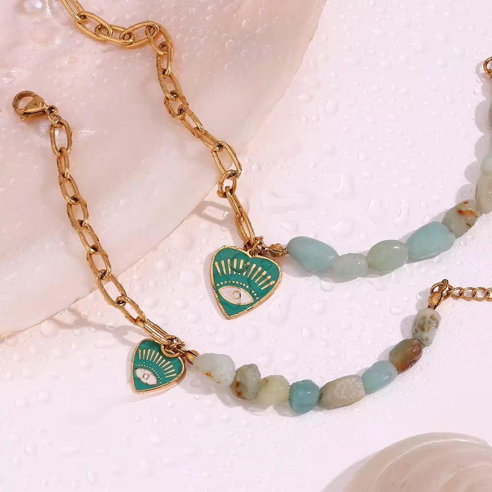 Splicing Amazonite Evil Eye Jewelry Gold Plated Charm Necklace Gold Plated Gemstone Jewelry Stainless Steel My Store