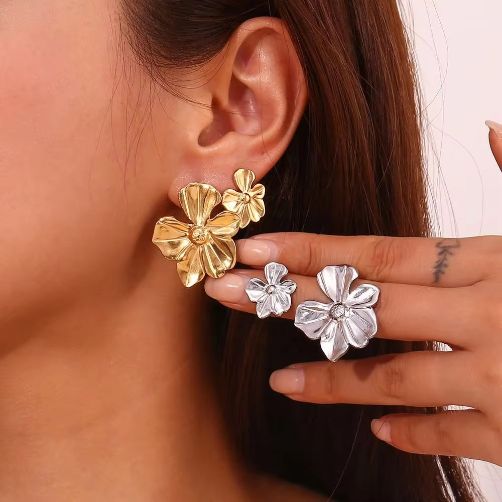 2024 New Arrivals Engraved Flower Earrings Gold Plated Gift for Girls Stainless Steel Stud Earrings My Store