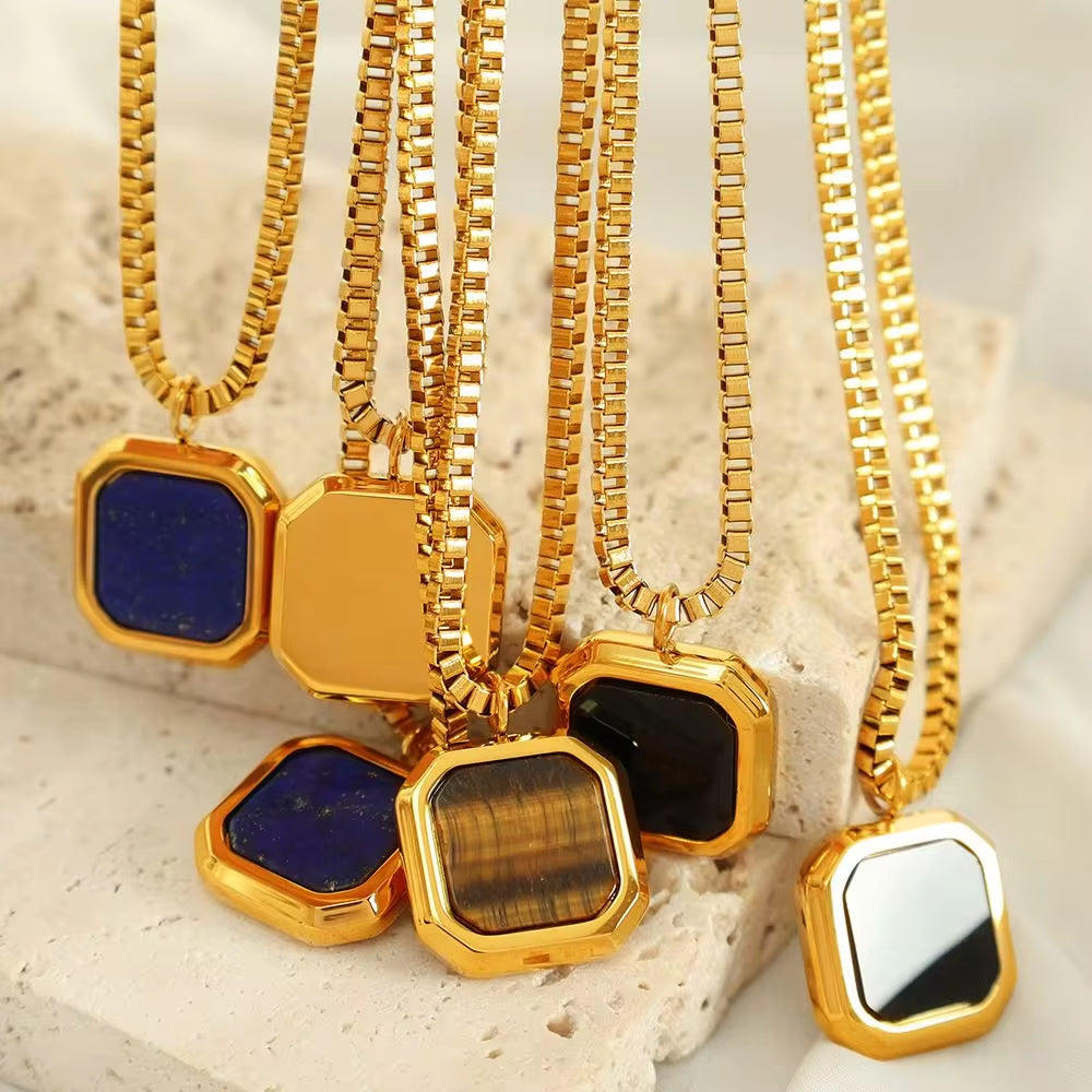 JEWELRY XL96-8 Hot Sale Tiger Eye Lapis Lazuli Onyx Geometric Square Pendant Necklace Niche Design Light Luxury My Store