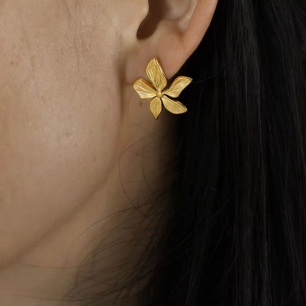 JEWELRY EH23 French Petal Embossed Earrings Stainless Steel 18K Gold Plated Fashion Earrings My Store