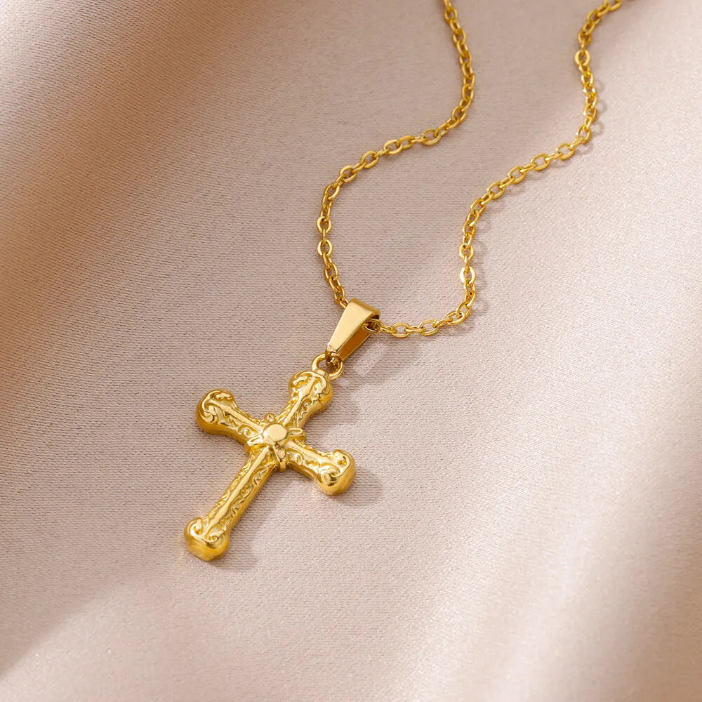 Stainless Steel Cross Necklace For Women Gold Color Chain Cross Pendant Necklaces Retro Religion Jewelry Gift bijoux femme Evry Jewels