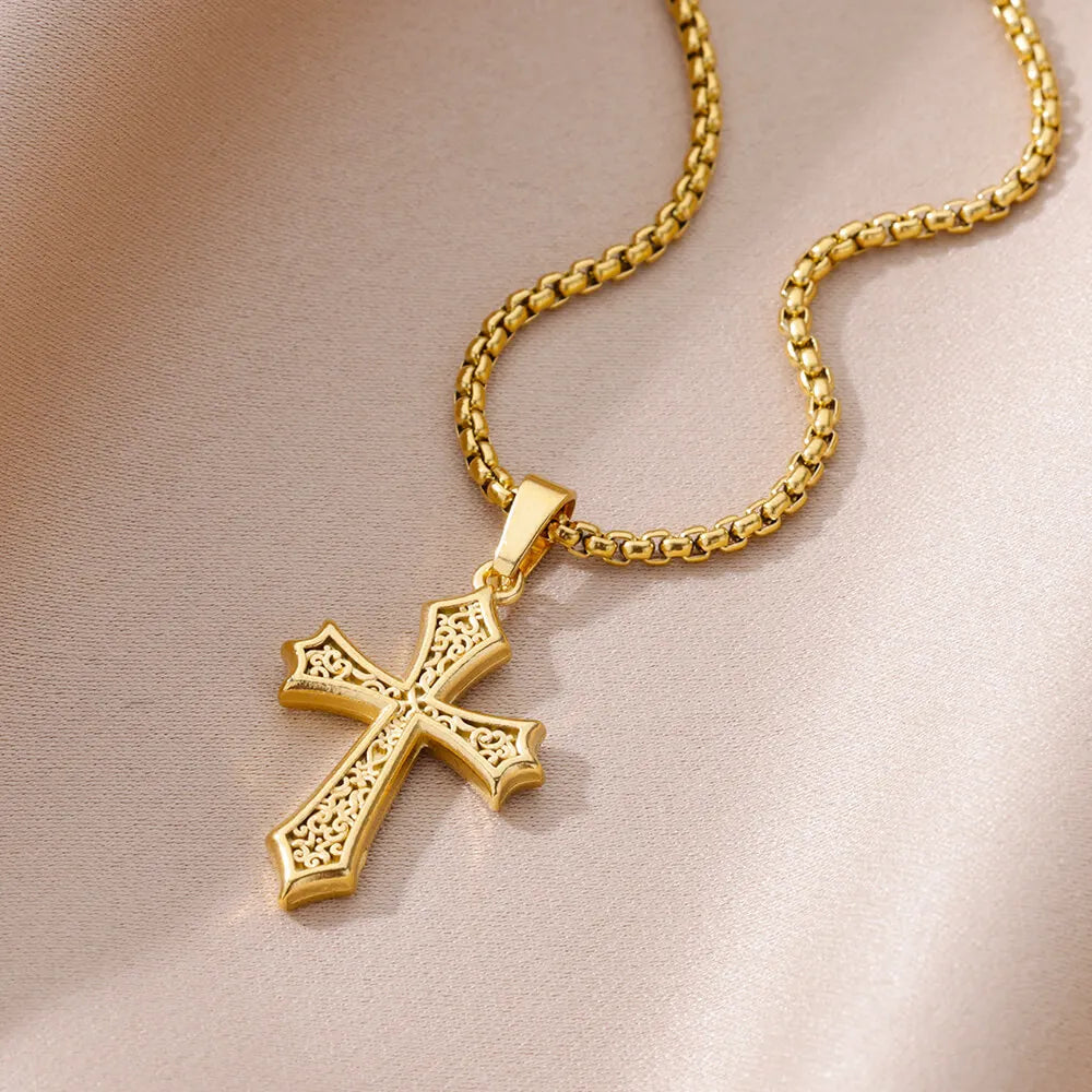 Stainless Steel Cross Necklace For Women Gold Color Chain Cross Pendant Necklaces Retro Religion Jewelry Gift bijoux femme Evry Jewels