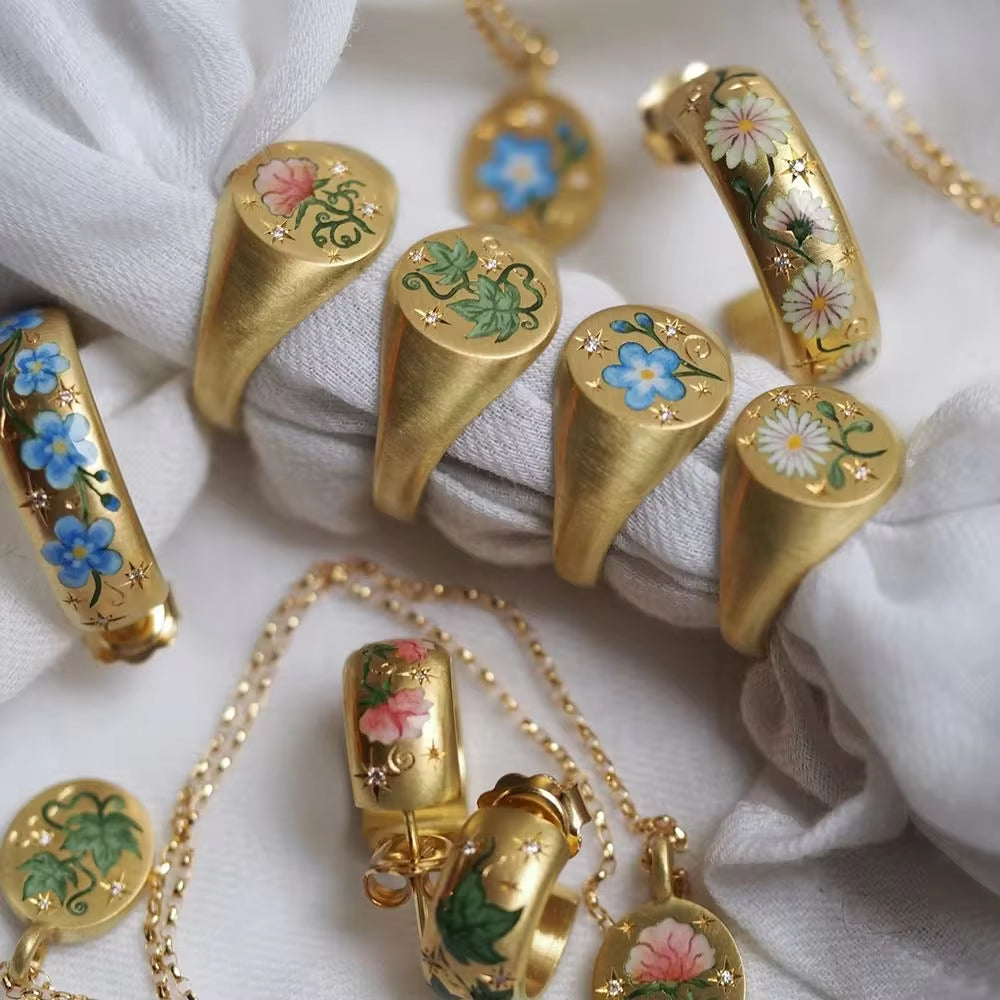 Spring Collections 18K Gold Plated Flower Tree Animal Pattern Rings Set Jewelry Fashion Colorful Oil Drop Ring My Store