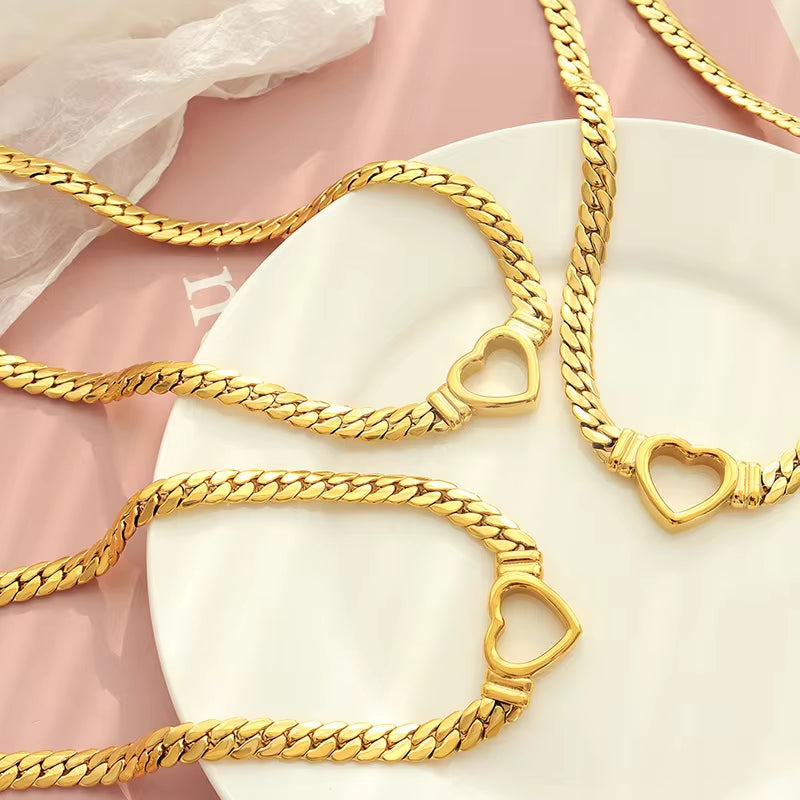 18K PVD Gold Plated Heart Shape Stainless Steel Cuban Chain Necklace Tarnish Free & Waterproof Jewelry My Store