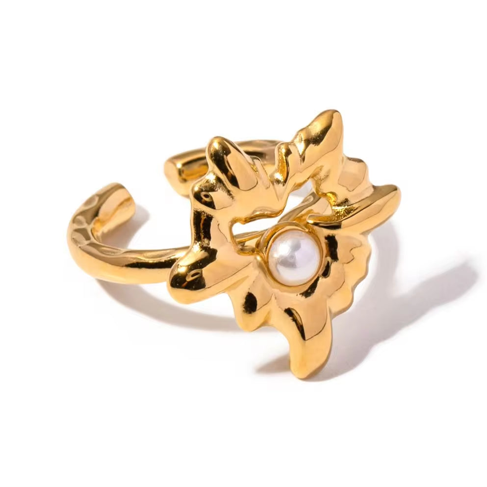 Design Lava Heart Pearl 18K Stainless Steel Gold Plated Hollow Heart Maple Leaf Open Ring for Women My Store