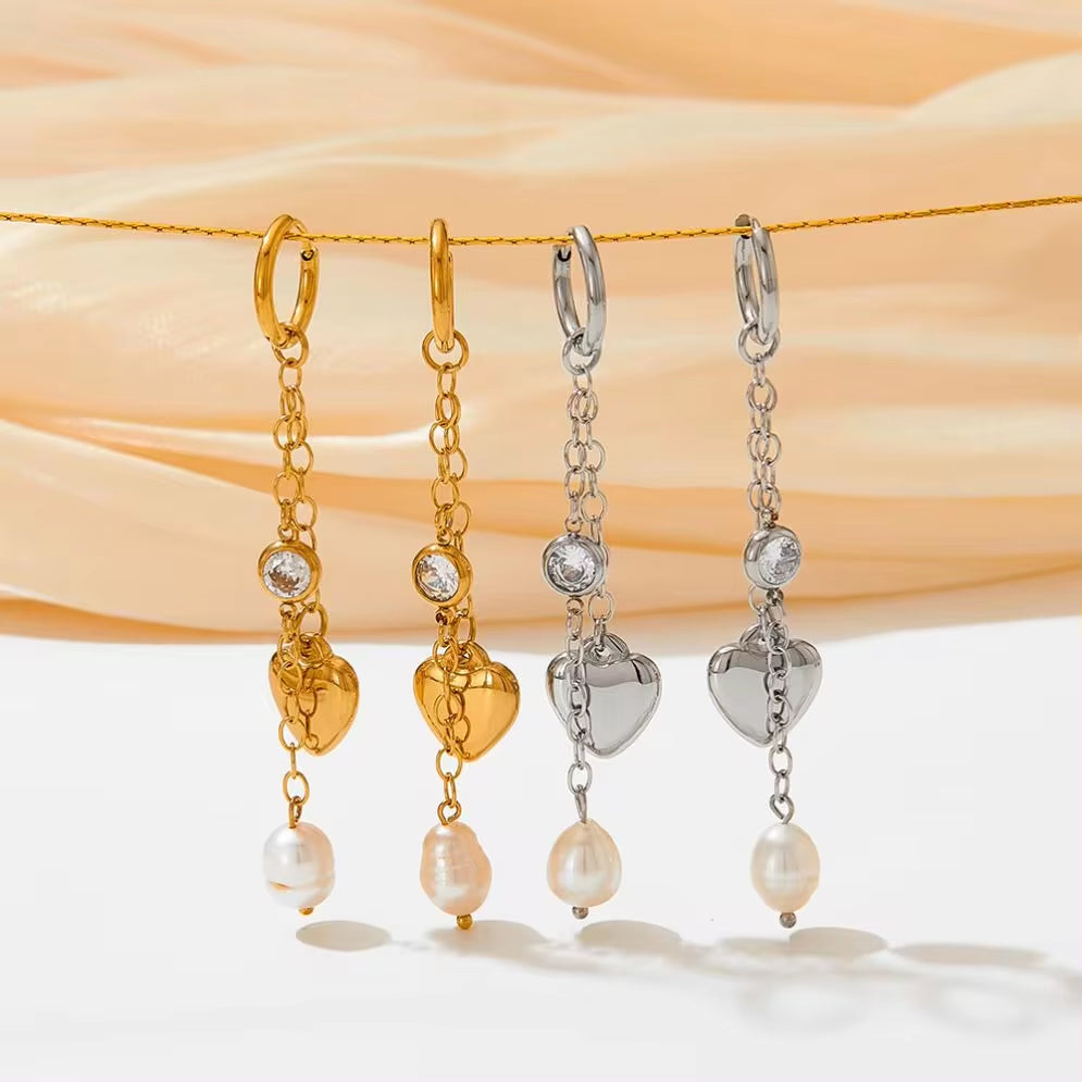 18K Gold Plated Stainless Steel Jewelry Tassel Heart Fresh Water Pearl Cubic Zirconia Drop Earrings for Womens My Store