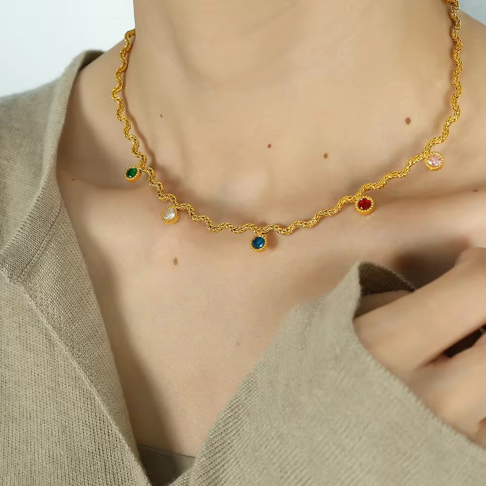 JEWELRY XL48-51 Fashion Wave Tassel Flower Necklace Colorful Zirconia Collarbone Necklace for Women My Store