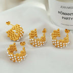 JEWELRY EH246-7 Hollowed Out Small Gold Beads Patchwork Grid-Like Earrings Set with Rubber Beads Rhinestone Earrings My Store