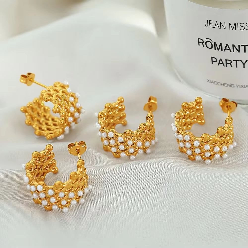 JEWELRY EH246-7 Hollowed Out Small Gold Beads Patchwork Grid-Like Earrings Set with Rubber Beads Rhinestone Earrings My Store