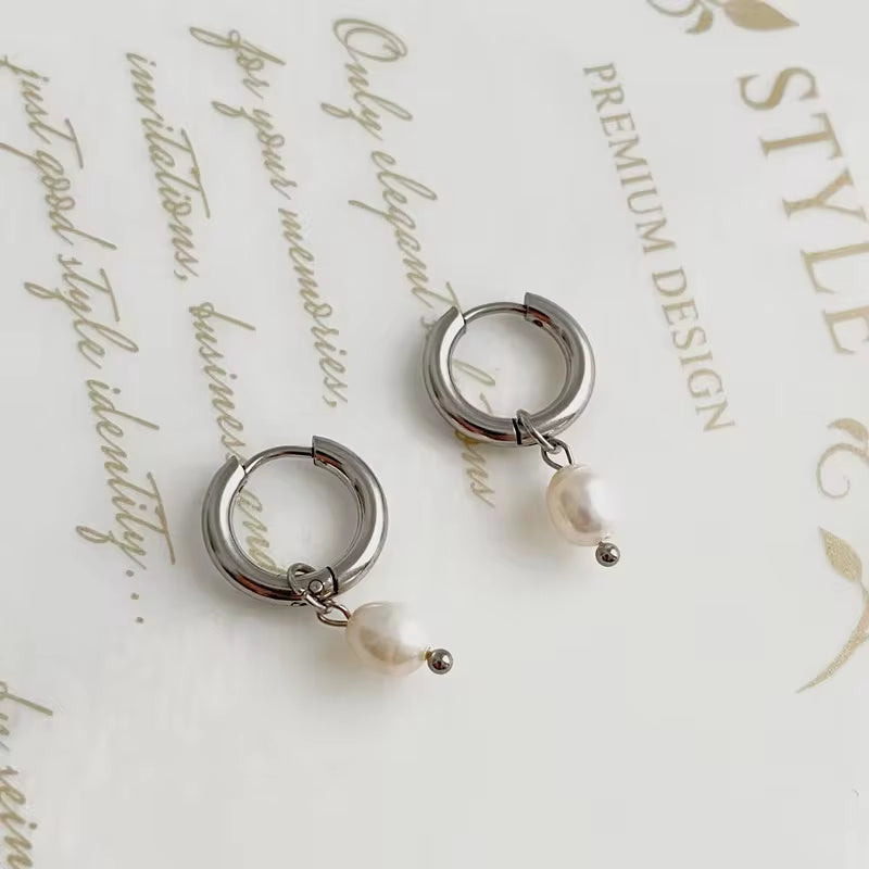 Classic 18K Gold Plated Natural Pearl Drop Earrings Waterproof Stainless Steel Pearl Huggie Earrings My Store