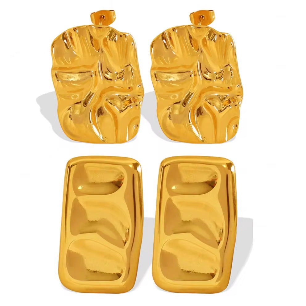 JEWELRY EH270-1 Fashion Lava Ruffles Hammered Delicate Earrings Stainless Steel Gold Plated Rectangle Geometric My Store