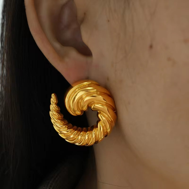 JEWELRY EH80 French Stainless Steel Stud Earrings Fashion Cow Horn Pattern Earrings for Women My Store