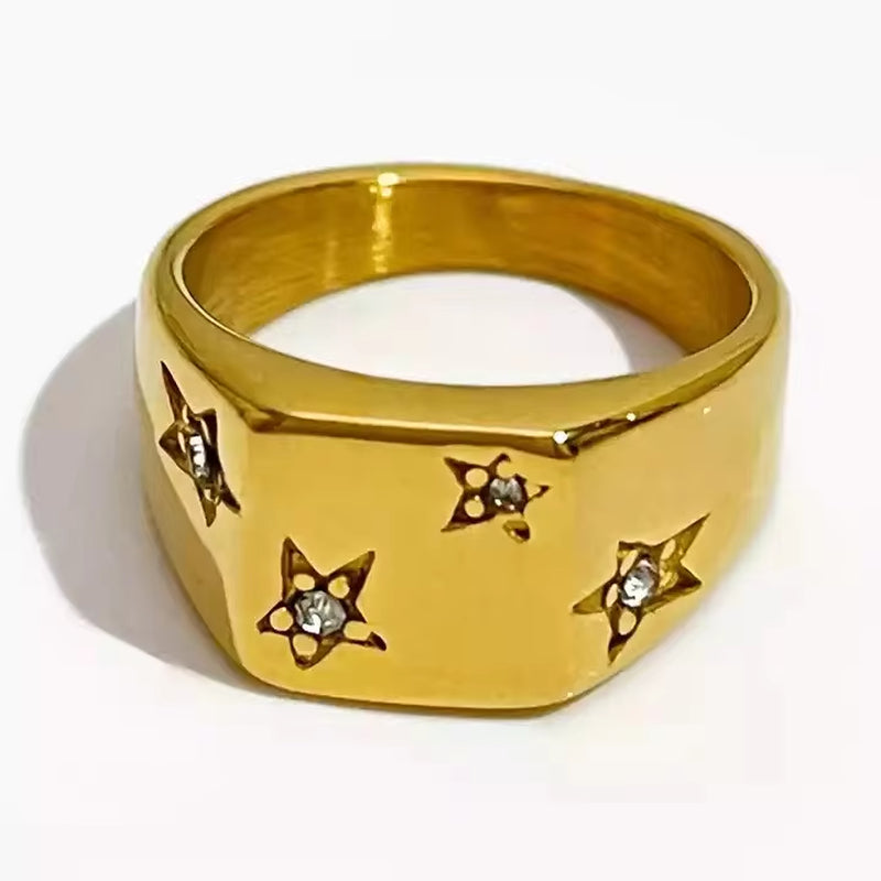 Stylish High Polished Stainless Steel Pentagram Cz Geometric Ring 18K Gold Plating No Fade Titanium Steel Smooth Square Ring My Store