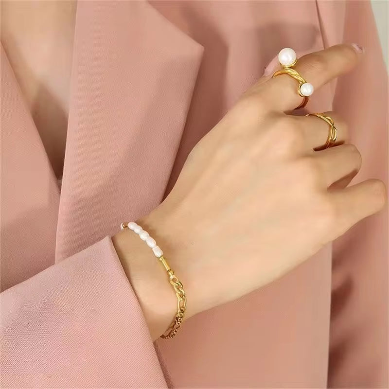 Stainless Steel Beaded Elegant Splicing 18K Gold Plated Pearl Figaro Chain Bracelet My Store