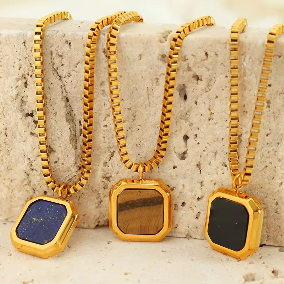 JEWELRY XL96-8 Hot Sale Tiger Eye Lapis Lazuli Onyx Geometric Square Pendant Necklace Niche Design Light Luxury My Store