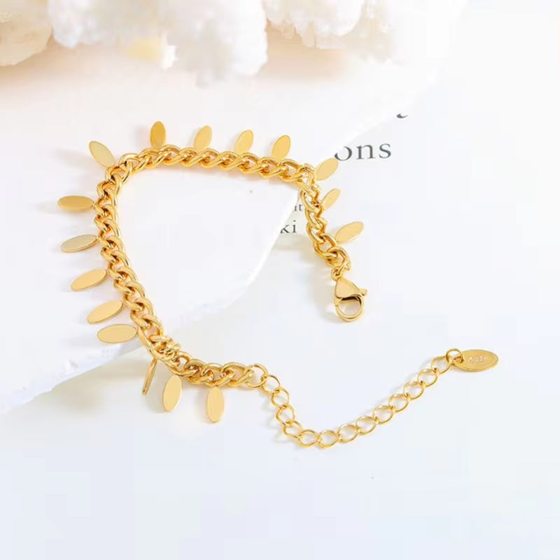 Wholesale 18K Gold Plated Cuban Chain Custom Shaped Leaf Charms Stainless Steel Bracelet for Women Armband My Store
