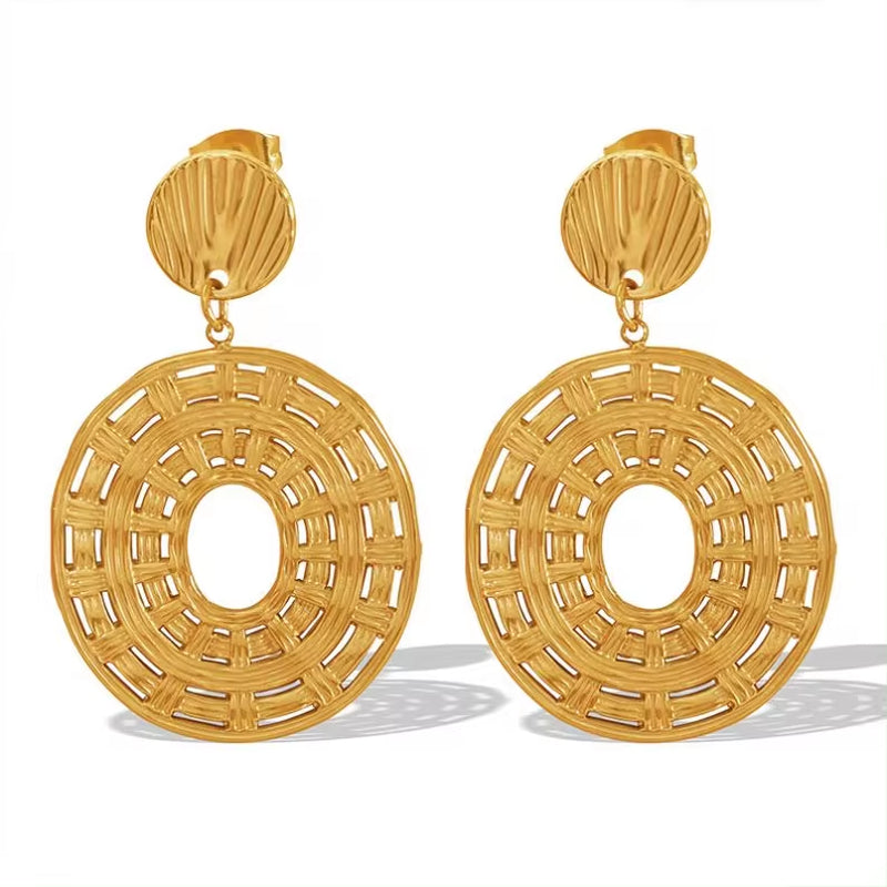 JEWELRY EH207 French Vintage Earrings 18K Gold Plated Hollowed Out Disc Earrings Fashion Hoop Earrings My Store