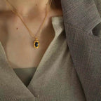 JEWELRY XL22 French Midnight Black Tea Collarbone Chain Black Zirconia Oval Engraved Stainless Steel Necklace My Store