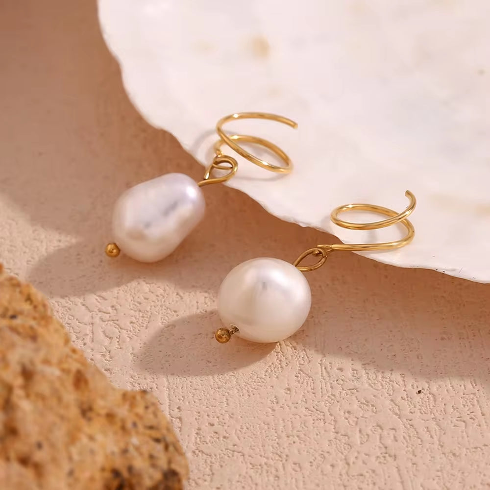 Fresh Water Pearl Drop Earrings Gold Plated Jewelry Winding Stainless Steel Earrings Women Luxury My Store