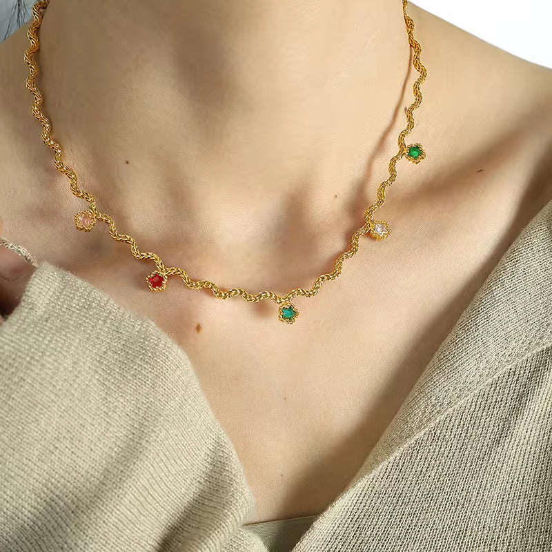 JEWELRY XL48-51 Fashion Wave Tassel Flower Necklace Colorful Zirconia Collarbone Necklace for Women My Store