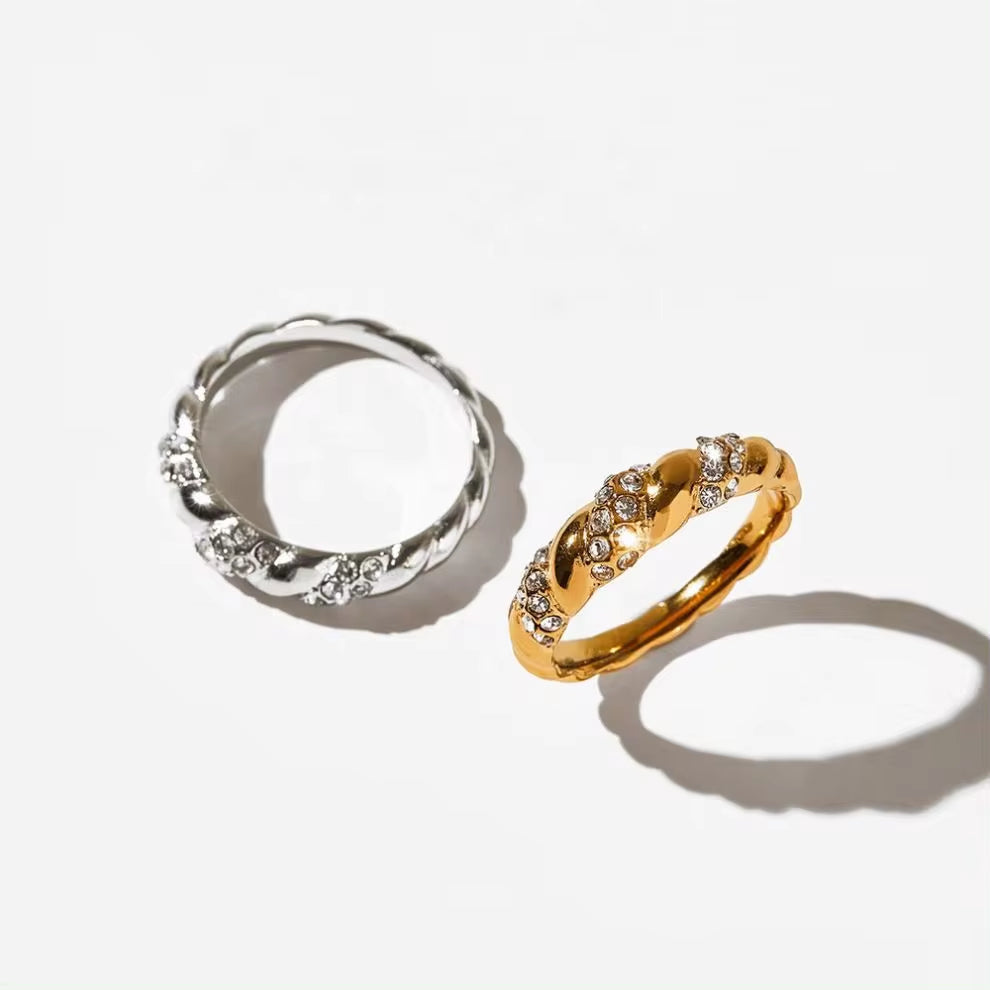 Exquisite Shiny Zircon Paved Croissant Ring Luxury Stylish Trendy Jewelry Twisted Statement Stainless Steel Rings for Women My Store