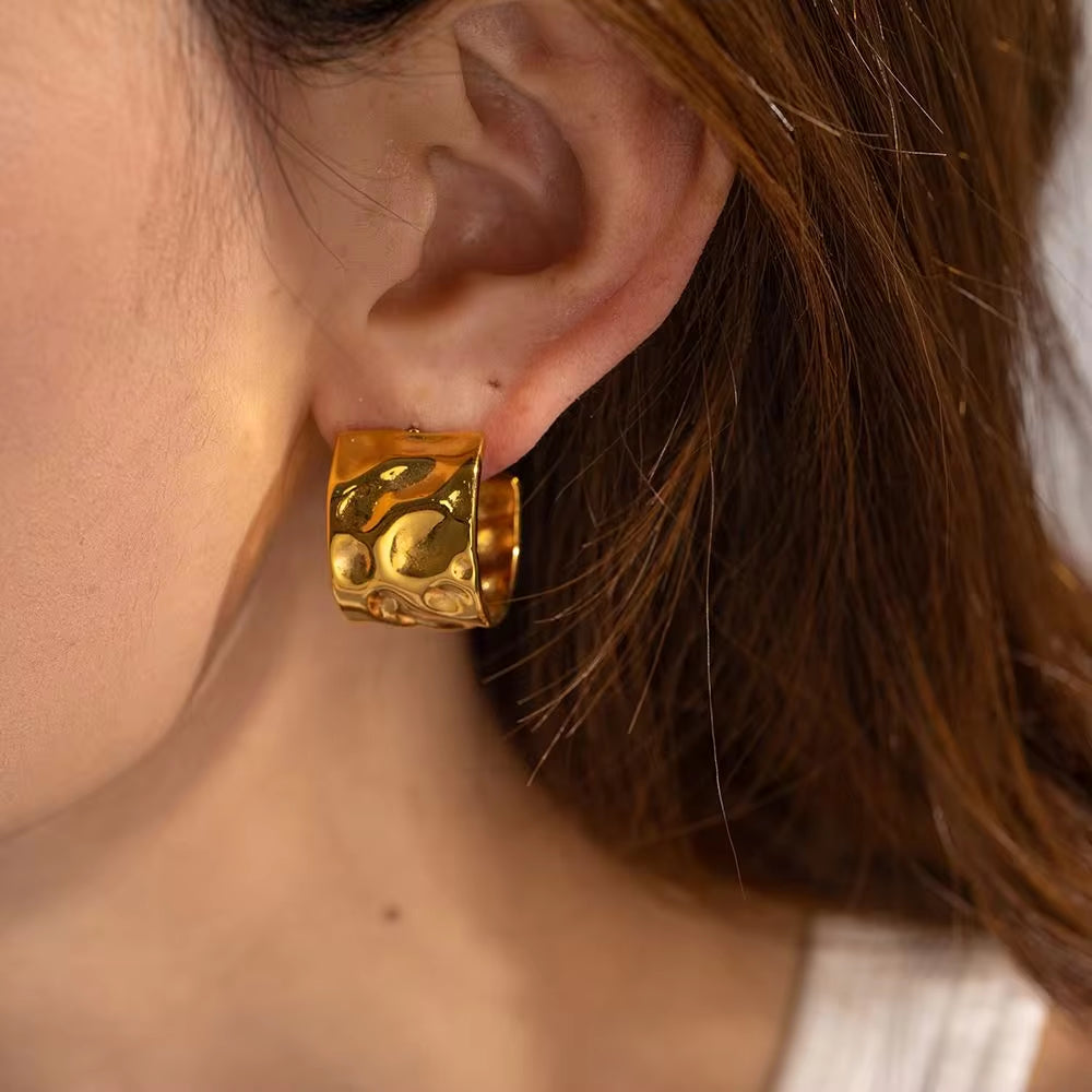 Design Hammer Molten Style Chunky Earrings Rings 18K Gold Plated Stainless Steel Romantic Love Earring My Store