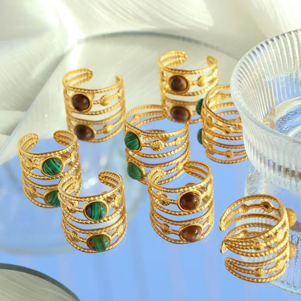 JEWELRY JZ26-27 Hot Sale Tiger Eye Turquoise Skeleton Ring Stainless Steel Open End Ring My Store