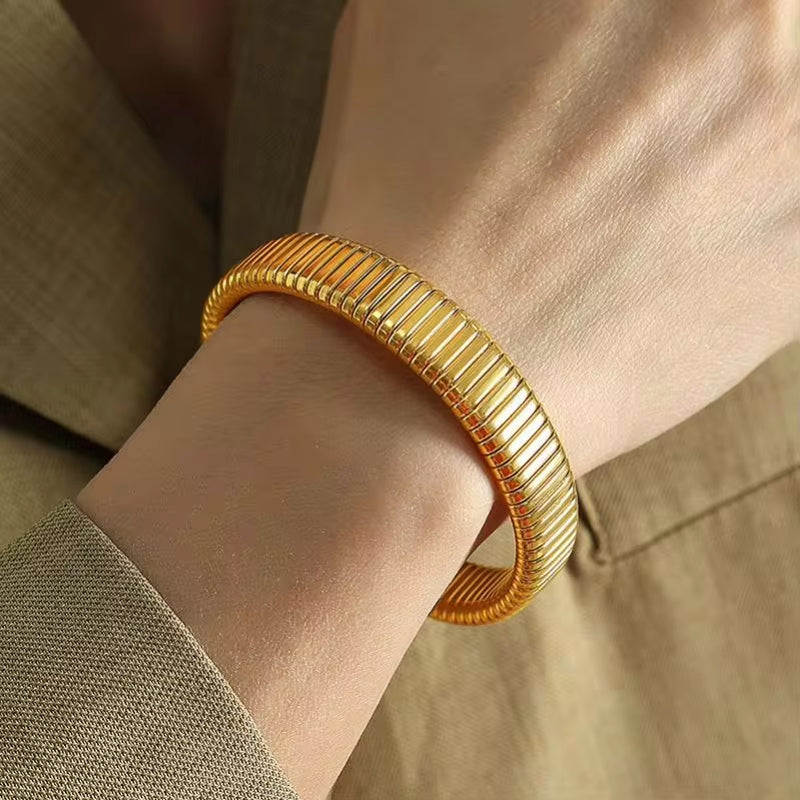 JEWELRY SZ16 Hight Quality Vertical Stripe Circle Stacking Bracelet Wide Bracelet Stainless Steel Bangle for Women My Store
