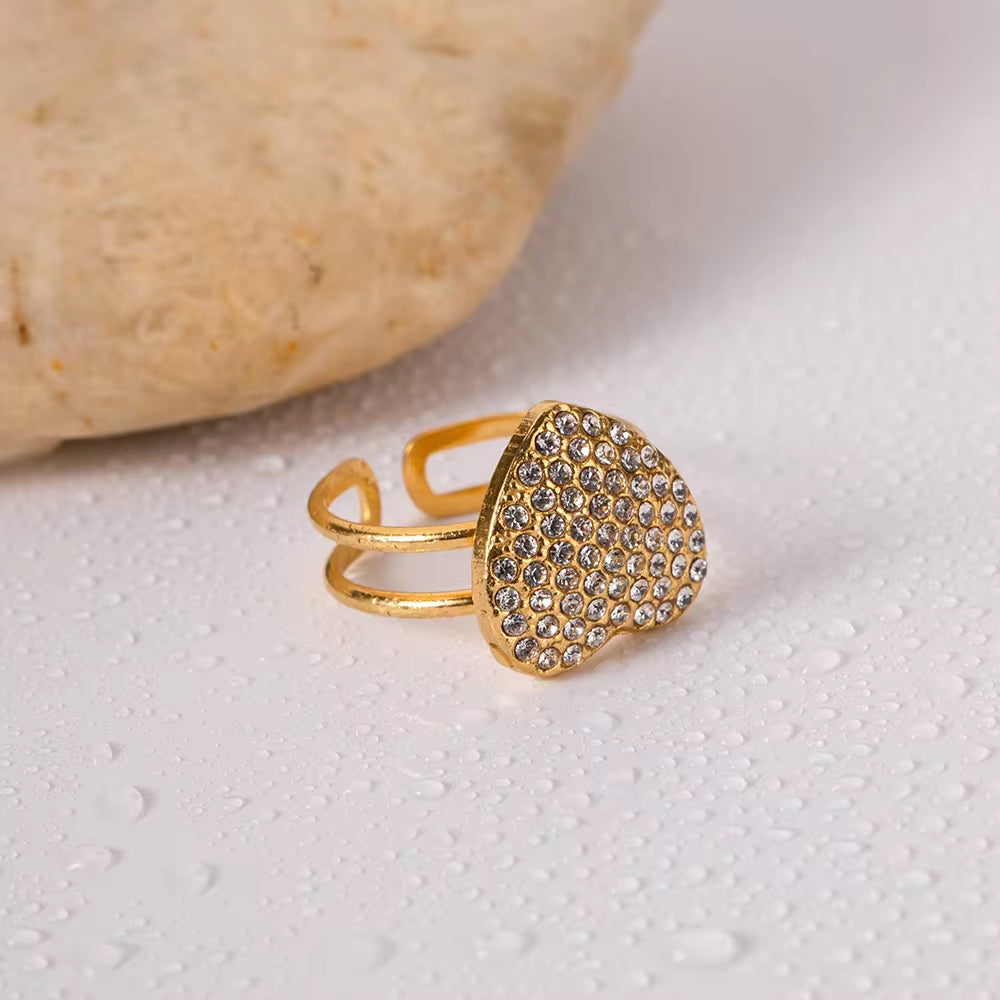 Wholesale No Tarnish 18K Gold Plated Heart Shaped Diamond Stainless Steel Double Layer Opening Rings My Store