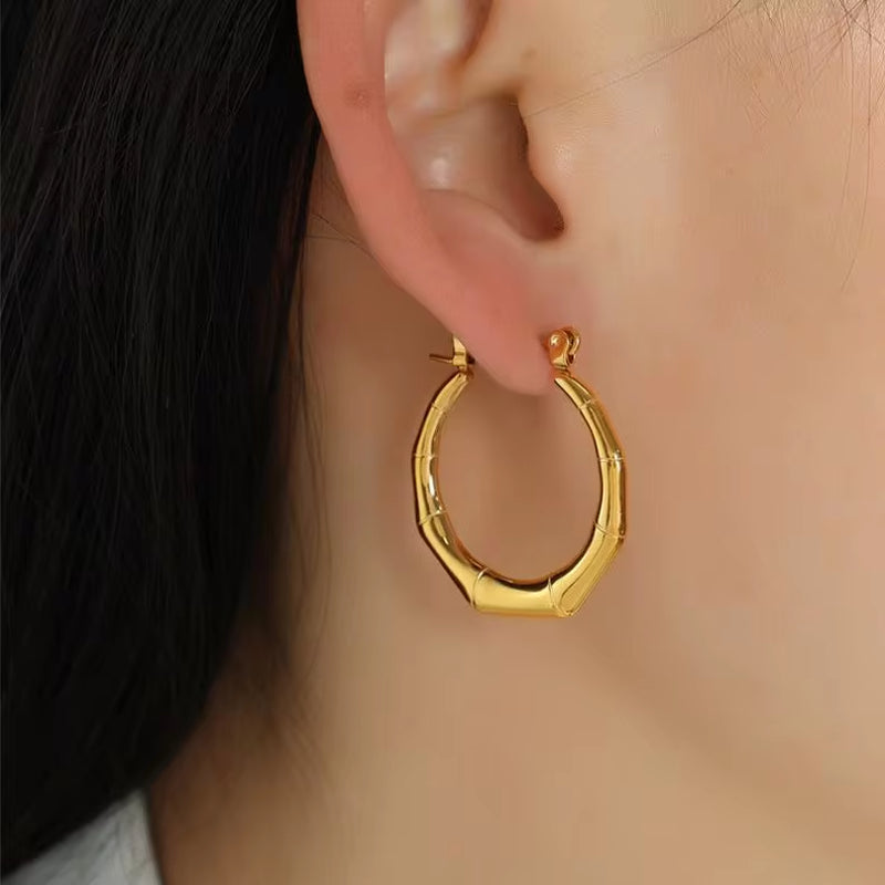JEWELRY EH190 Wholesale Bamboo Hundred Matching Bone Earrings Stainless Steel 18K Gold Plated U Shaped Trendy Earrings My Store