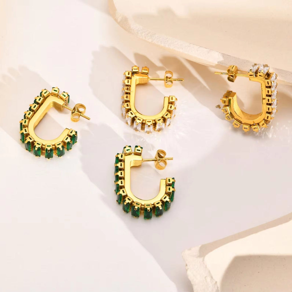 Good Quality 18K Gold Plated Green Cubic Zircon Earrings Deliate No Fade Stainless Steel Bling Diamond U Shape Earrings My Store