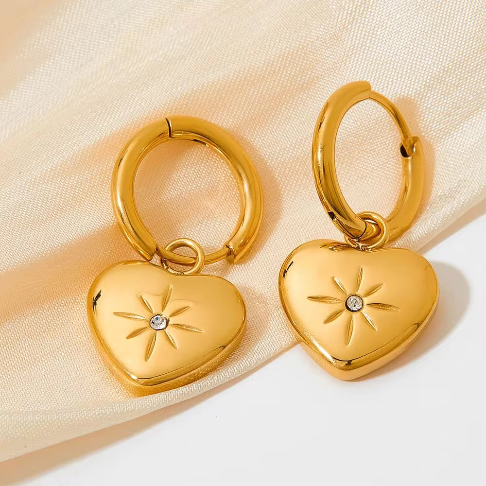 Wholesale Custom Pvd 18K Gold Plated Stainless Steel Jewelry North Star Heart Dangle Charm Hoop Earrings My Store
