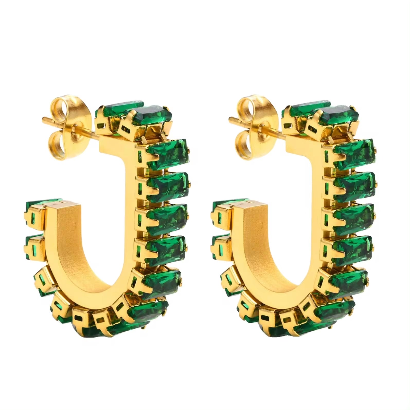 Good Quality 18K Gold Plated Green Cubic Zircon Earrings Deliate No Fade Stainless Steel Bling Diamond U Shape Earrings My Store