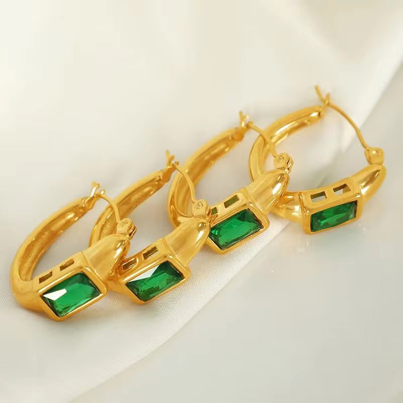 JEWELRY EH142 French Fashion Emerald Zirconia C-Shaped Earrings Stainless Steel Gold Plated 18K Earrings My Store