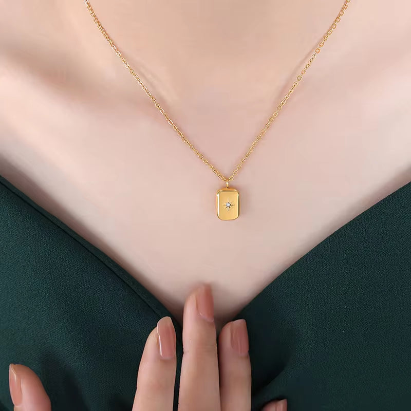 Fading Water Drop Square Star Zircon 18K Gold Plated Stainless Steel Non Tarnish Pendant Custom Necklace Logo My Store