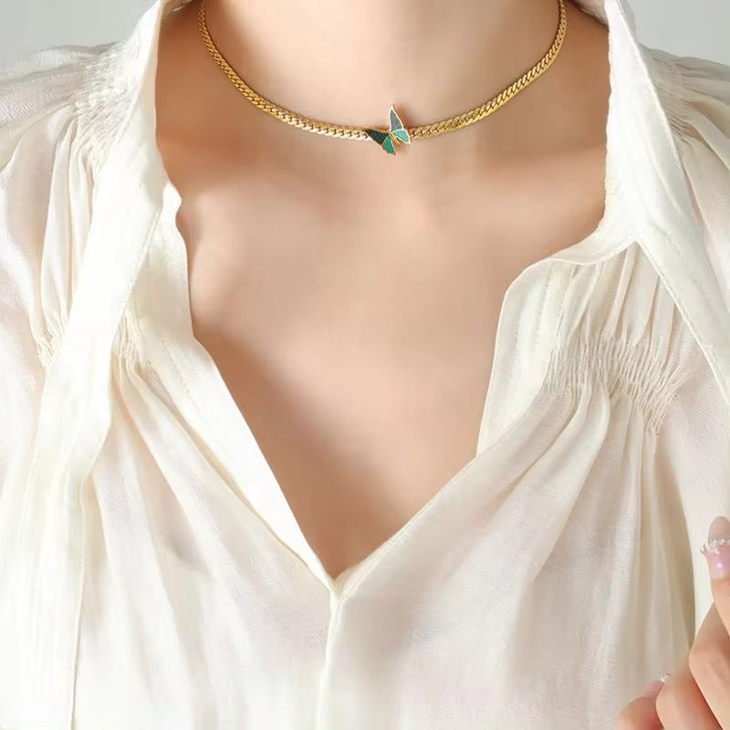 Y2K Custom Gold Plated Fashion Jewelry Long Curb Chain Enamel Pendant Butterfly Necklace Stainless Steel Women My Store