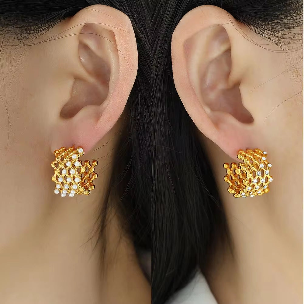 JEWELRY EH246-7 Hollowed Out Small Gold Beads Patchwork Grid-Like Earrings Set with Rubber Beads Rhinestone Earrings My Store
