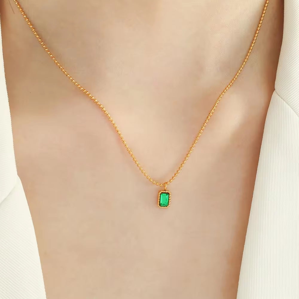 JEWELRY XL99 French Geometric Inlaid Glass Stone Necklace Peplum Quadrilateral Gold Pendant Necklace 18K Gold My Store