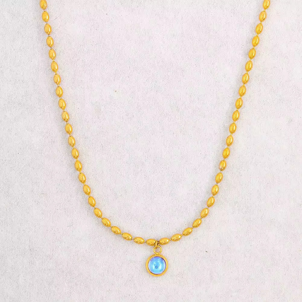 Delicate Stainless Steel Colorful Oval Bead Chain Jade Bead Pendant Necklace Vintage Stone Choker Gift for Lovers My Store