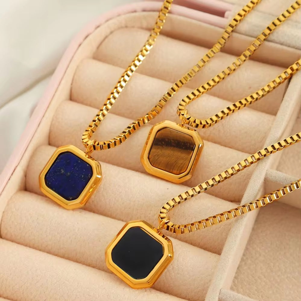 JEWELRY XL96-8 Hot Sale Tiger Eye Lapis Lazuli Onyx Geometric Square Pendant Necklace Niche Design Light Luxury My Store