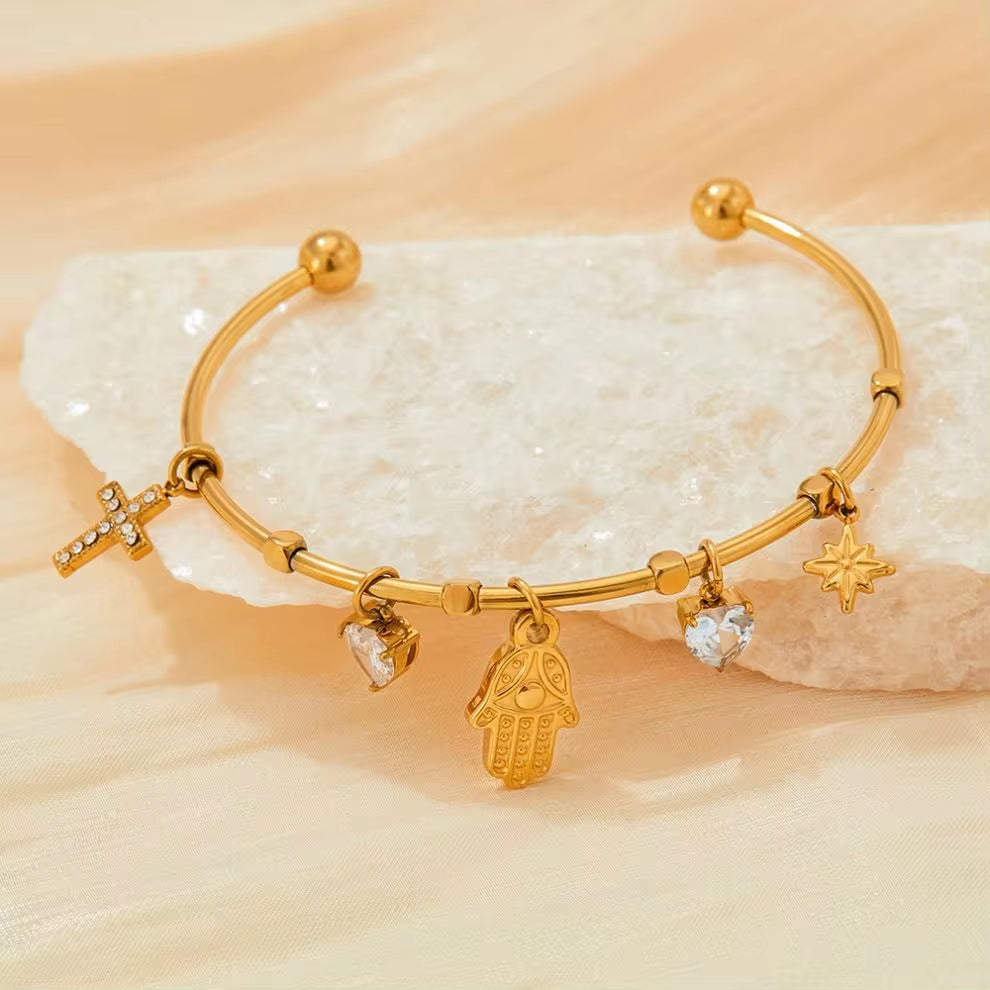 Tarnish Free Gold Plated Open Cuff Bangle Stainless Steel Eye Heart Zircon Cross Hasma Hand North Star Charms Bracelets & Bangle My Store
