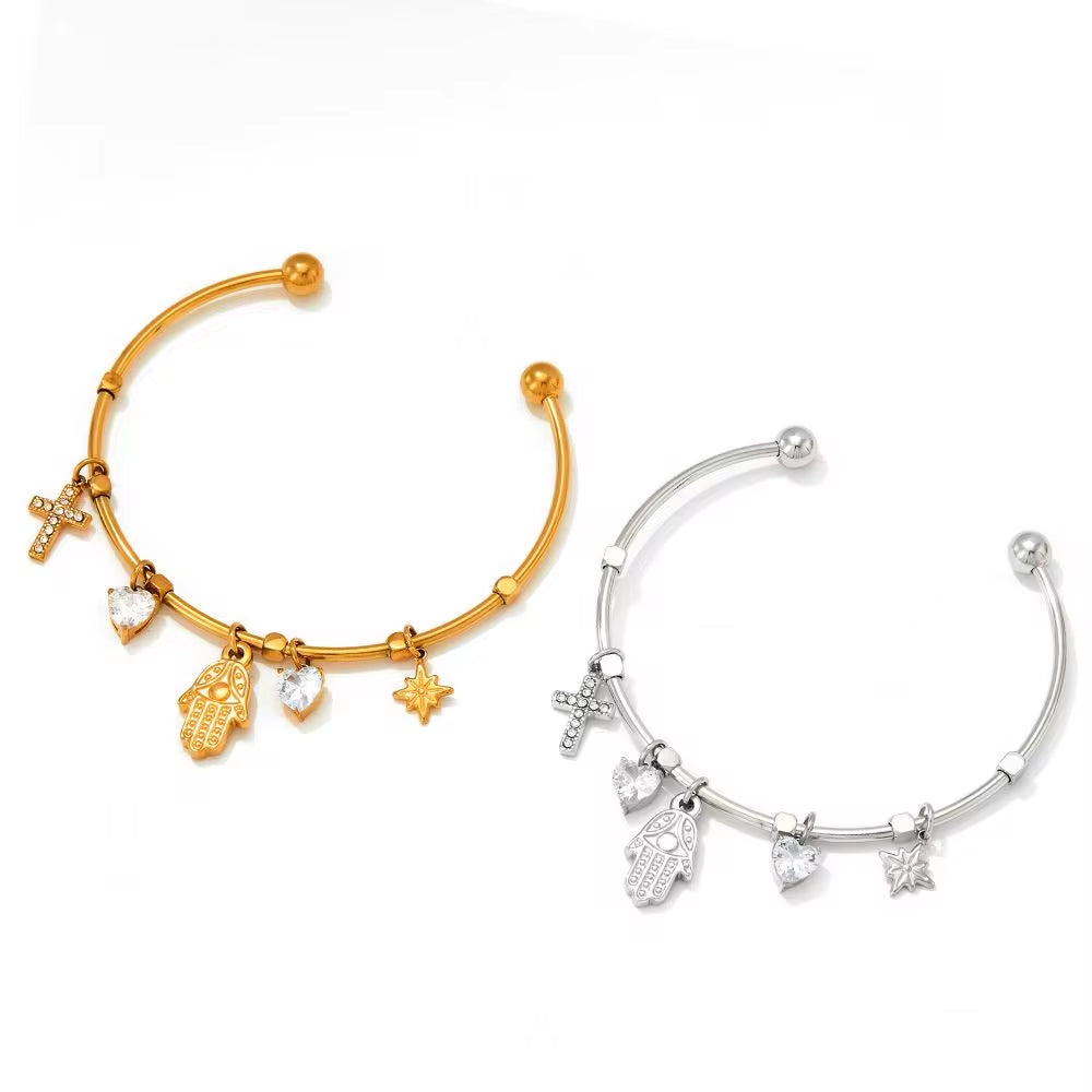 Tarnish Free Gold Plated Open Cuff Bangle Stainless Steel Eye Heart Zircon Cross Hasma Hand North Star Charms Bracelets & Bangle My Store