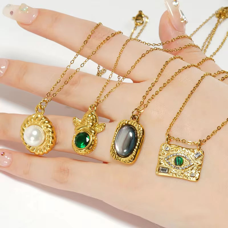 Fashion Waterproof Natural Stone Necklace Pendant Stainless Steel Gold Plated Pearl Necklace My Store