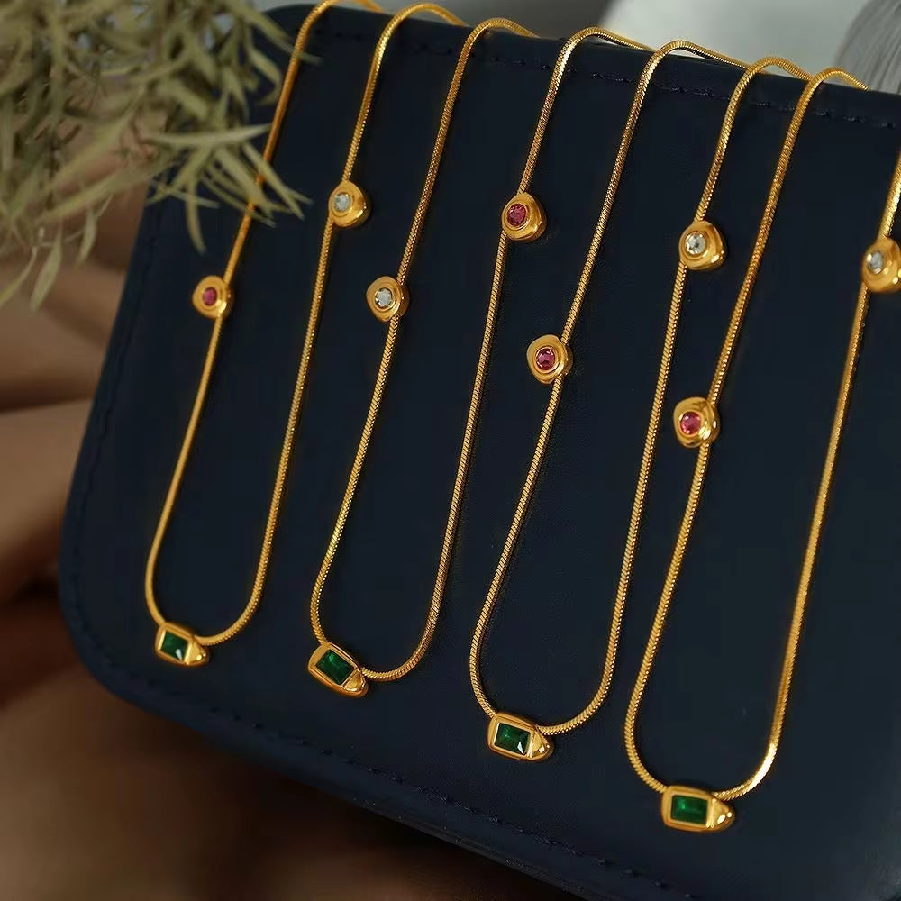 JEWELRY XL32 Scandinavian New Simple Gemstone Set French Vintage Collarbone Stainless Steel Necklace My Store